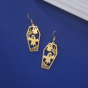 Gothic gold ghost and spider web coffin drop earrings on a deep blue background