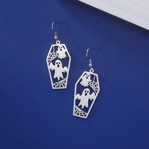 Close-up of gothic coffin earrings with hollow ghost and spider web details