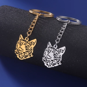Fashion Stainless Steel Hollow Cat Head Animal Tribal Pattern Keychain Simple Key Ring For Men Women Car Key Jewelry Gift
