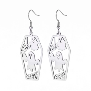 Gothic silver coffin earrings featuring hollow ghost and spider web designs for Halloween