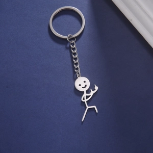 Detail of silver funny stickman keychain showing its polished metal surface and finish