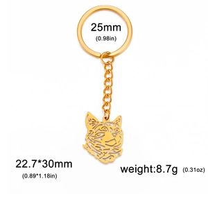 Golden hollow cat head keychain with dimensions 22.7x30mm and polished ring pendant