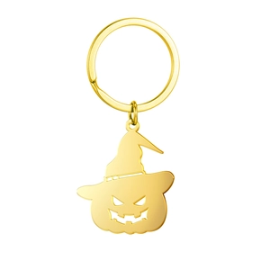 Golden Halloween pumpkin wizard hat keychain with polished metal finish on white background
