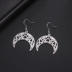 Hollow crescent moon earrings with Celtic knot and animal paw print in stainless steel