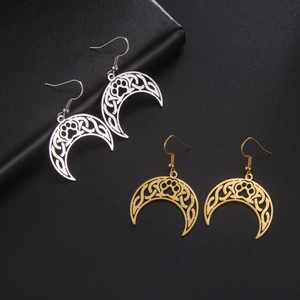 Hollow crescent moon earrings with cat paw patterns in silver and gold stainless steel