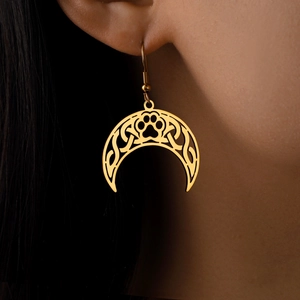 18K gold plated stainless steel crescent moon earrings with cat paw cutout design