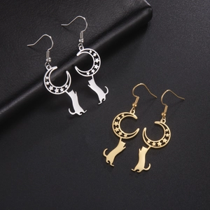 Stainless Steel Cute Cat Moon Star Dangle Earrings For Women Celestial Animal Silhouette Hollow Drop Earrings Jewelry Gift