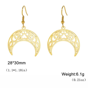Golden crescent moon earrings with cat paw cutout and Celtic knot design, 28x30mm size