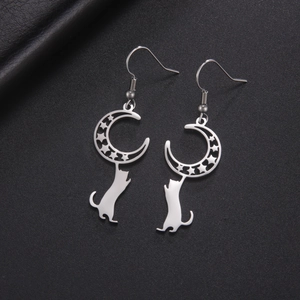 Hollow moon and cat silhouette drop earrings in silver stainless steel for women