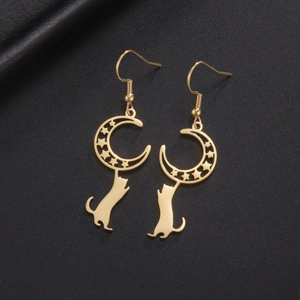 Gold star moon and cat silhouette drop earrings with crescent moon ear hooks for women