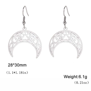 Hollow moon and cat paw dangle earrings in polished stainless steel for women