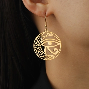 18K gold plated stainless steel drop earrings with Eye of Horus and Celtic Knot design