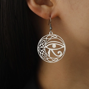 Vintage silver Eye of Horus earrings with hollow Celtic patterns in stainless steel