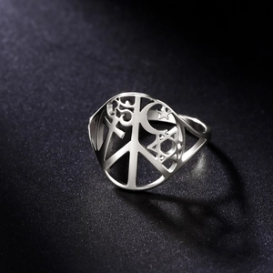 Hollow Out Stainless Steel Ring With Peace Sign Cross Om Star Of David Crescent Moon Religious Symbols Minimalist Jewelry