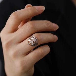 Hip hop stainless steel open ring with carved cross, star and moon symbols on hand