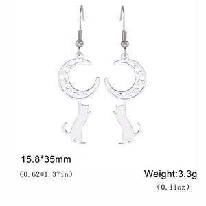 Cat sitting on moon drop earrings in stainless steel with hollow star details