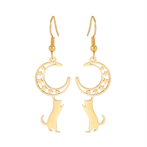 Golden stainless steel star moon earrings with cat silhouette in a symmetrical design