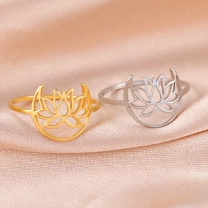 Stainless Steel Lotus Flower Crescent Moon Ring For Women Hollow Bohemian Minimalist Zen Jewelry Finger Ring Birthday Gift