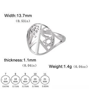 Adjustable stainless steel ring with cutout star, moon and peace symbols and size chart
