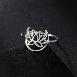 Polished silver hollow lotus and crescent moon stainless steel ring for women