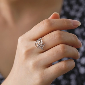 Minimalist stainless steel lotus and moon open ring for women in polished silver finish