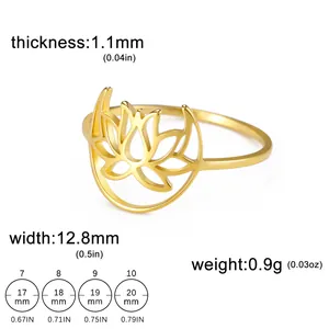 Golden titanium steel lotus moon ring with sizing guide and technical dimensions