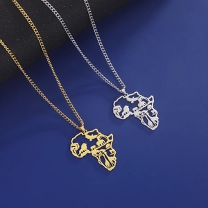 Stainless Steel Africa Map Pendant Necklace For Women Men Hollow Animal Lion Elephant Silhouette Retro Ethnic Hip Hop Jewelry