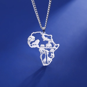 Hip hop Africa map necklace with hollow animal engravings on polished stainless steel