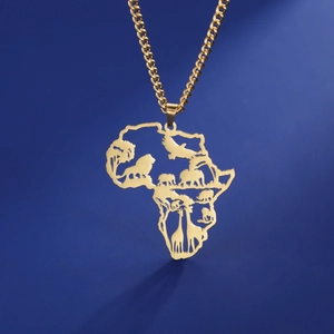Gold African map necklace with hollow animal engravings of lion and elephant