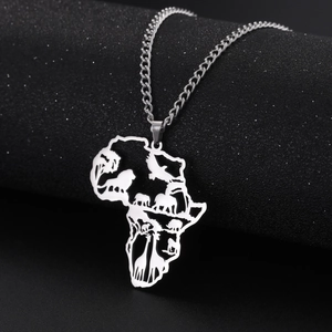 Silver Africa map pendant necklace with hollowed out elephant and lion wildlife silhouettes