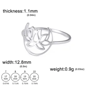 Lotus moon ring size chart in stainless steel showing product dimensions and US sizes