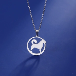 Polished stainless steel necklace featuring a standing dog silhouette cutout pendant