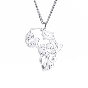 Silver Africa map necklace featuring hollowed-out animal silhouettes of lion and elephant