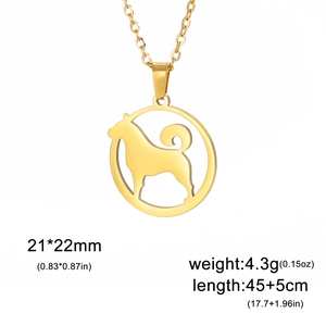 Golden standing dog silhouette pendant necklace with adjustable chain on white background