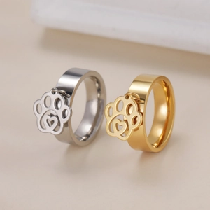 Mode Roestvrij Staal Pootafdruk Hart Hanger Ring Goud Zilver Minimalistisch Huisdier Liefhebber Paar Vingerring Sieraden Cadeau