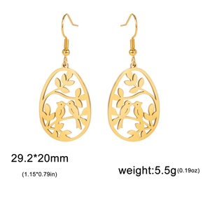 Boucles d'oreilles pendantes oiseaux et feuilles en acier inoxydable doré évidé
