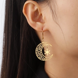 Bohemian gold titanium steel crescent moon earrings with hollow snowflake pendants