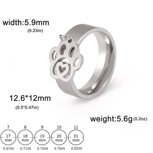 Titanium steel ring with cat paw heart pendant and size specifications overview
