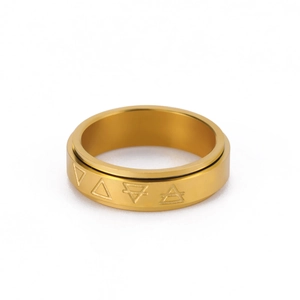 Polished gold stainless steel rotating ring with engraved triangle symbols for men
