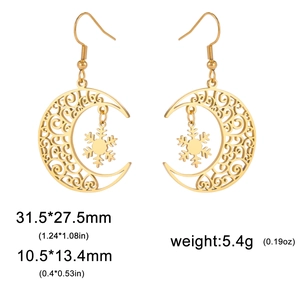 Bohemian gold hollow moon and snowflake drop earrings with dimensional specifications