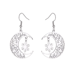 Bohemian style silver titanium steel moon earrings with hollow snowflake pendant detail