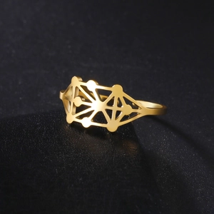 Bague ajustable en acier doré avec motif Arbre de Vie géométrique sur cuir noir