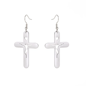 Boucles d'oreilles vintage croix en acier inoxydable poli avec pendentif crucifix