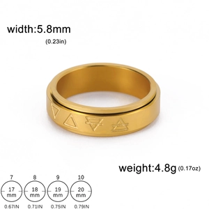 Close-up of golden stainless steel spinner ring with engraved geometric triangle patterns