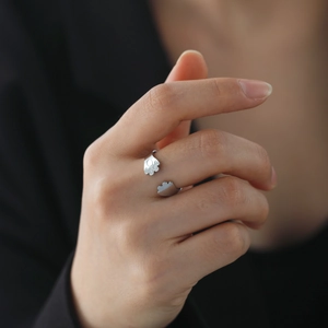 Adjustable silver stainless steel open ring with cute animal paw prints on finger