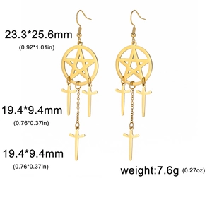 Boucles d'oreilles pentagramme dorées avec pendentifs croix et franges en cascade
