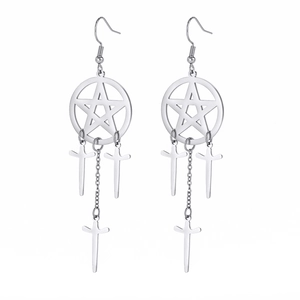 Boucles d'oreilles pentagramme gothique argenté avec breloques croix et style punk
