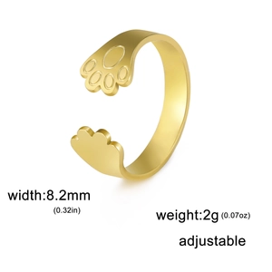 Golden adjustable dog paw ring with 8.2mm width and minimalist stainless steel design