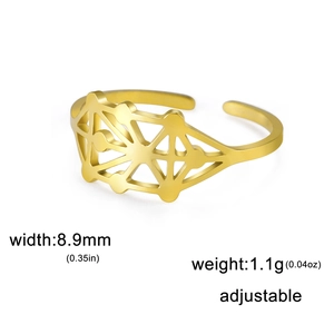 Gros plan d'une bague ajustable dorée en acier inoxydable avec motif géométrique creux