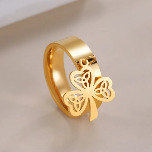 Stainless Steel Clover Pendant Ring With Celtic Knot Hollow Out Wide Band Lucky Shamrock Jewelry For Women